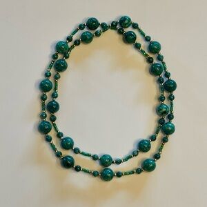 Emerald Marbled Beaded Necklace Gold Accents Long Luxe Statement Strand 31”